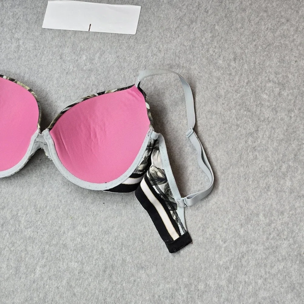 PINK Victoria's Secret Women Bra 34D Green Leaf Floral Push Up Underwire READ